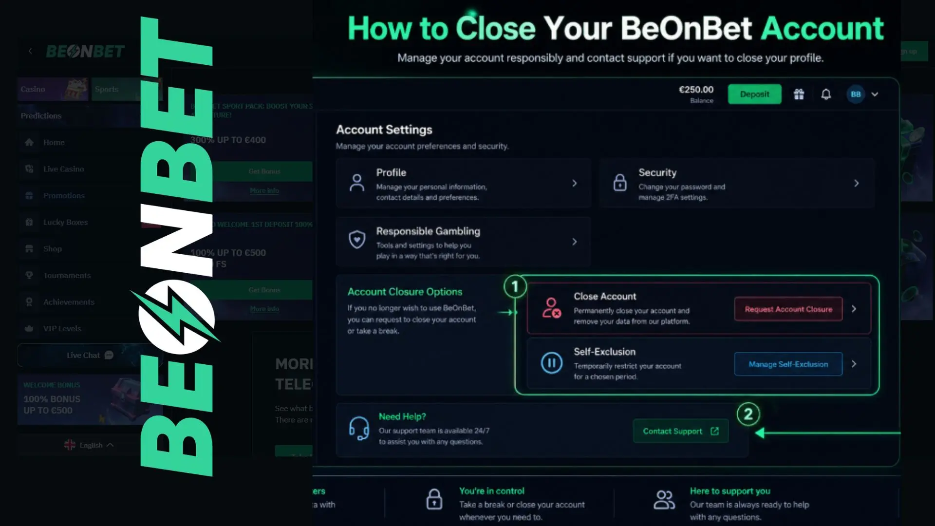 BeOnBet account settings menu showing close account and self-exclusion options for deletion