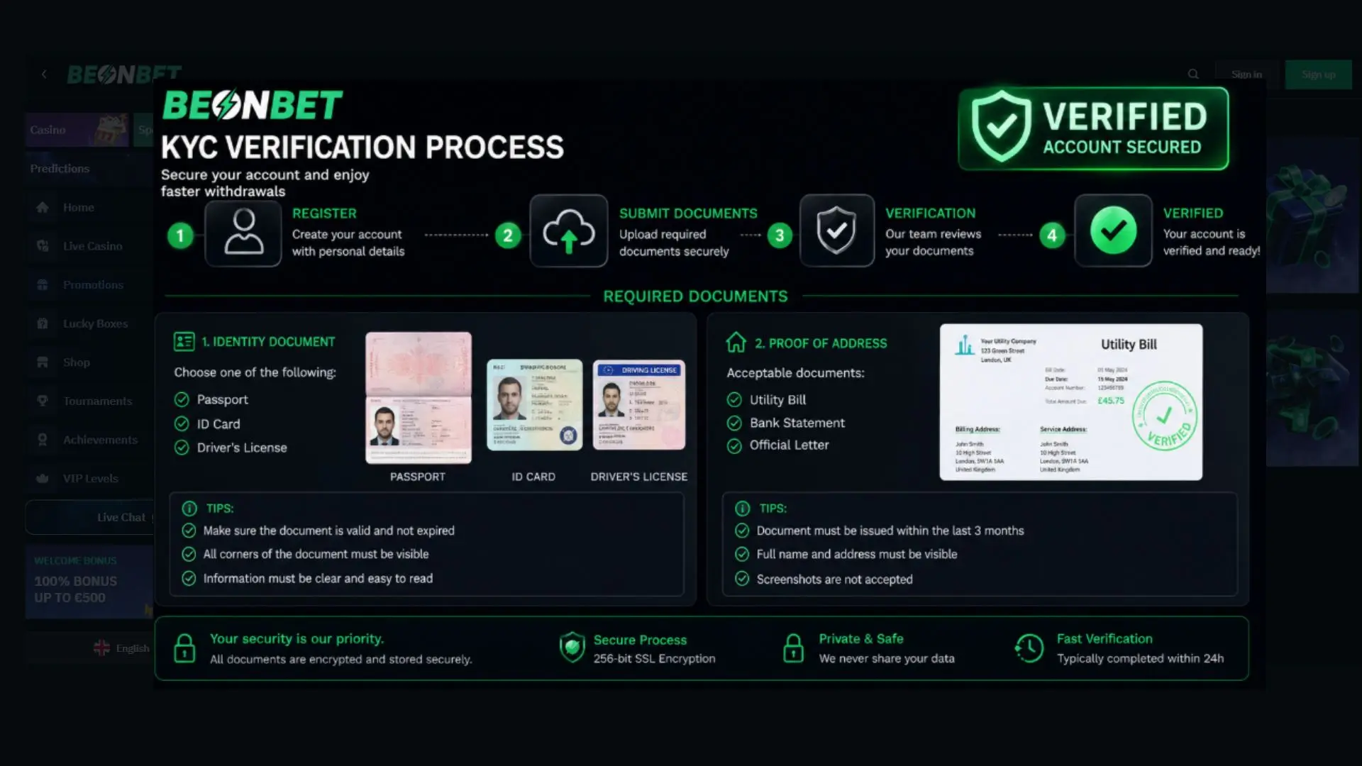 BeOnBet KYC verification process infographic showing identity and address document requirements