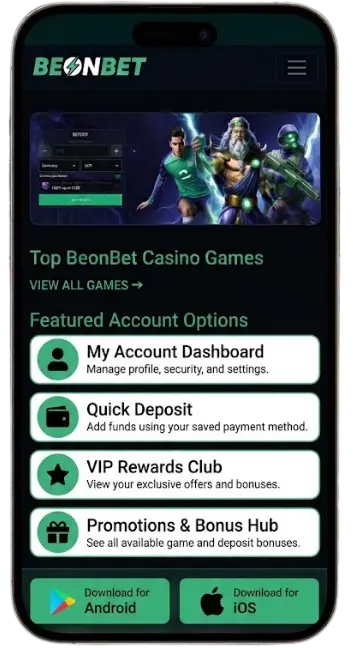 Beonbet mobile app interface with account options and Android/iOS download buttons.