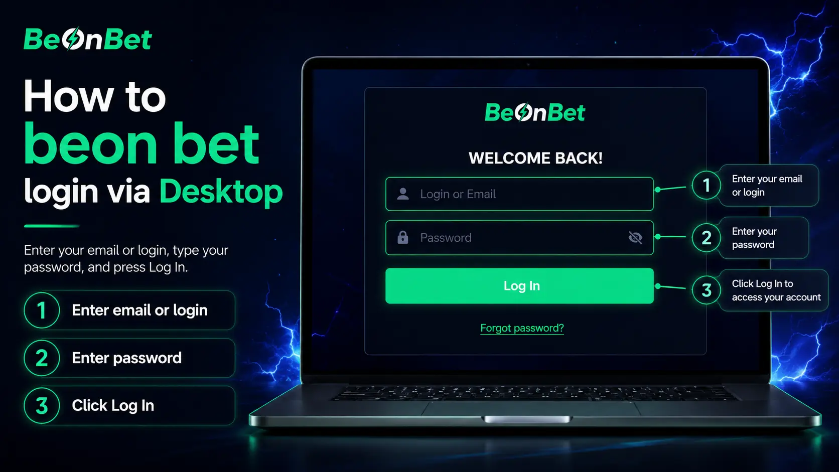 Desktop BeOnBet casino login steps on a laptop screen explaining how to access an account