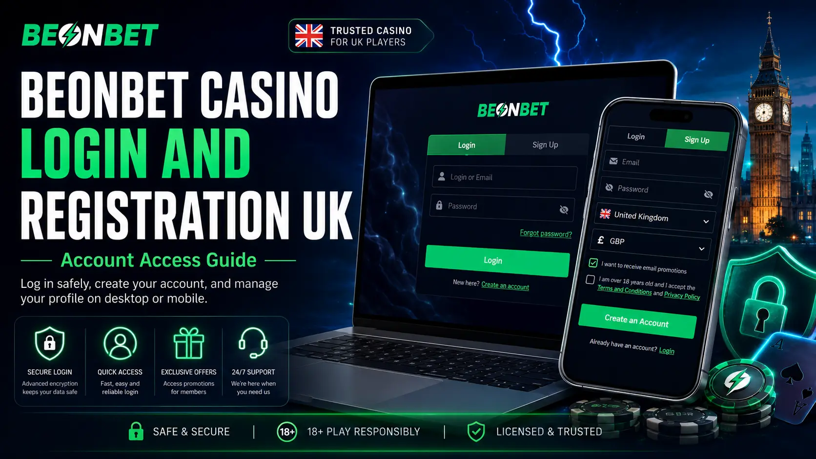 BeOnBet casino login and sign up forms on laptop and phone for UK player account access