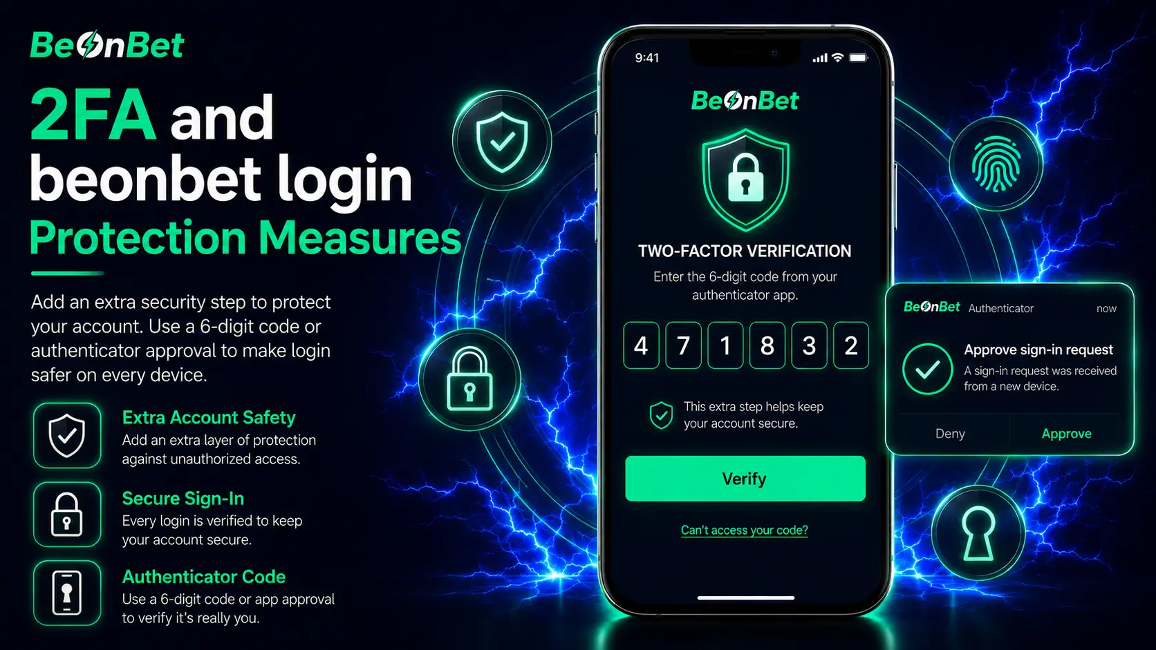 Two-factor verification screen on a smartphone illustrating 2FA security for BeOnBet login