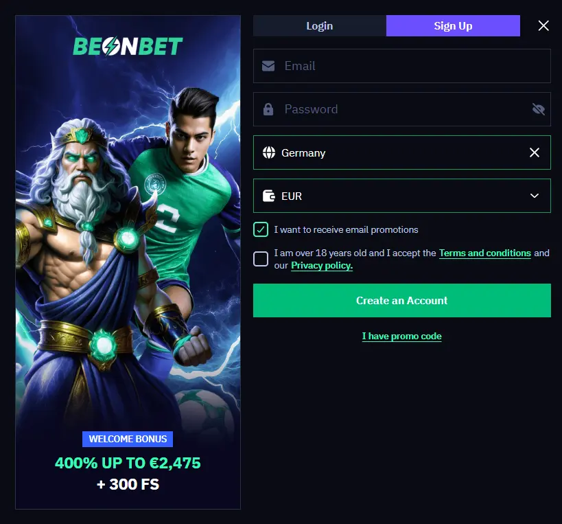 BeonBet sign-up form for creating a casino account