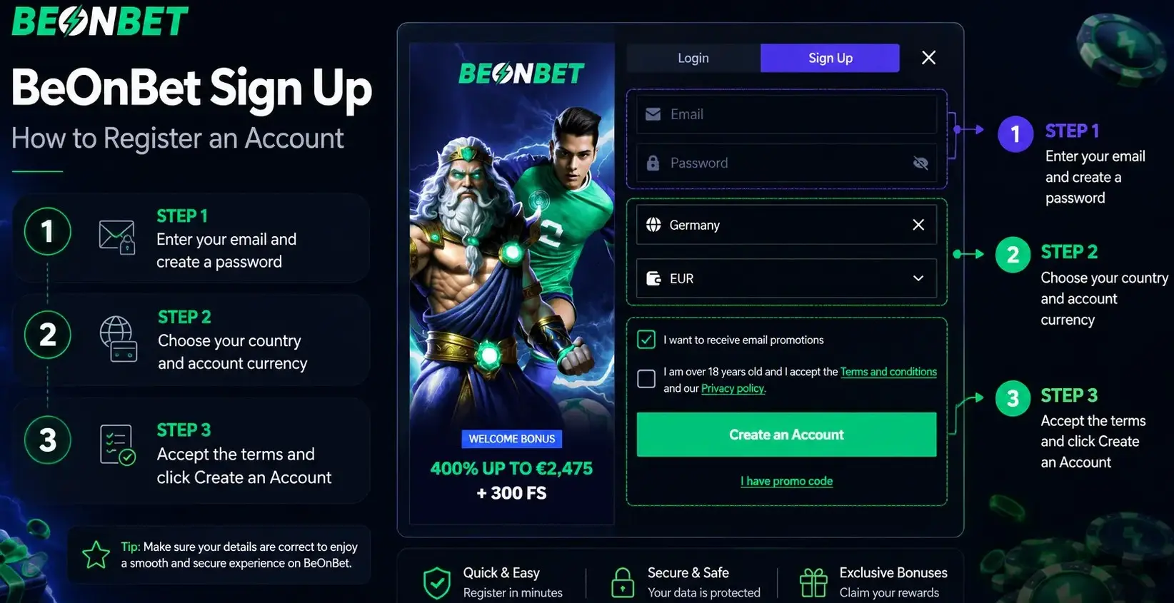 BeOnBet registration form and three-step account creation process guide