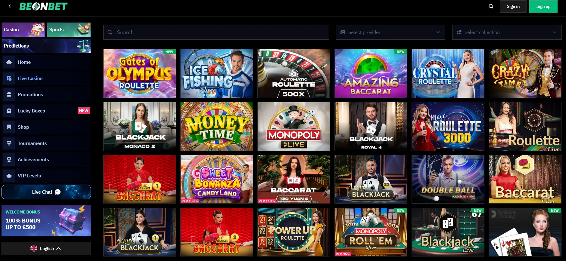 Beonbet live casino lobby showing roulette, blackjack, and baccarat games.
