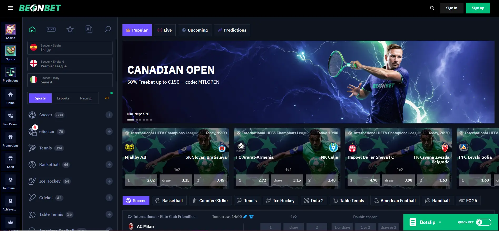 Beonbet sportsbook interface featuring Canadian Open odds and live betting events.